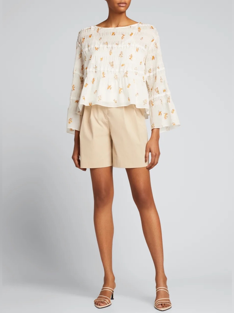 Rebecca Taylor || Ines Smocked Blouse in Marigold Fleur Ivory Yellow XL